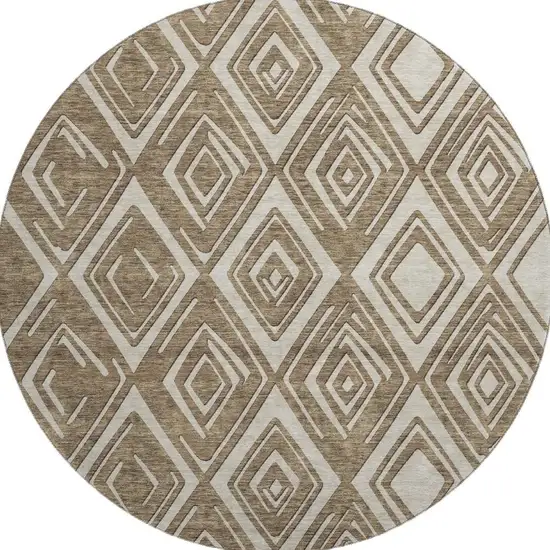 8' Brown And Beige Geometric Washable Round Rug With UV Protection Photo 4