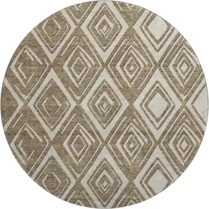 Photo of 8' Brown And Beige Geometric Washable Round Rug With UV Protection