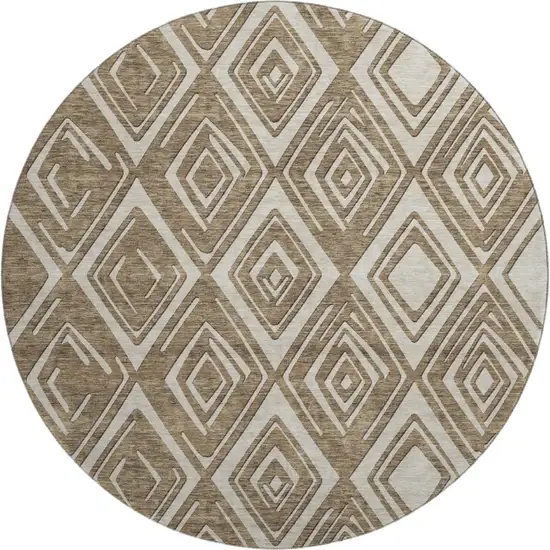 8' Brown And Beige Geometric Washable Round Rug With UV Protection Photo 1
