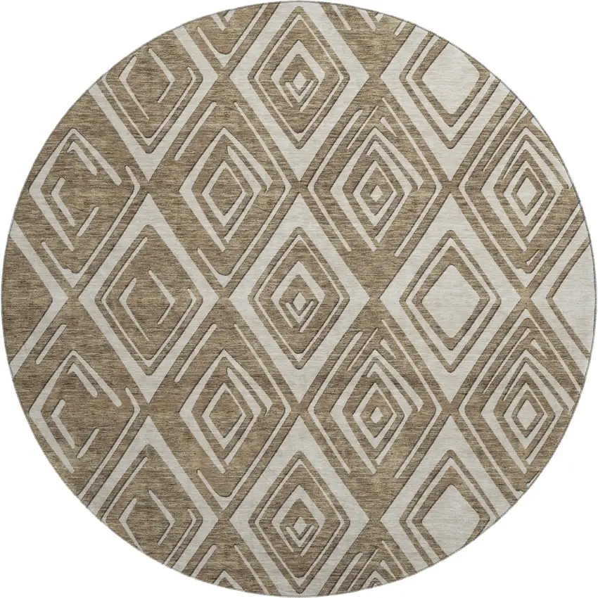 8' Brown And Beige Geometric Washable Round Rug With UV Protection Photo 1