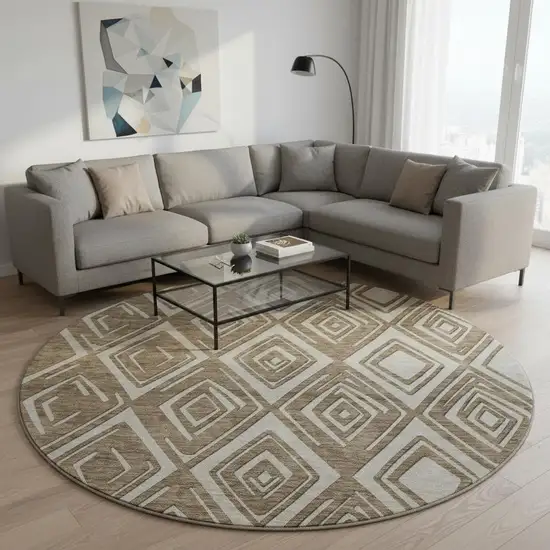 8' Brown And Beige Geometric Washable Round Rug With UV Protection Photo 2