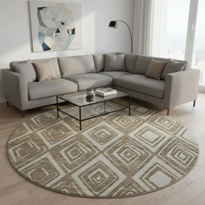 8' Brown And Beige Geometric Washable Round Rug With UV Protection Photo 2