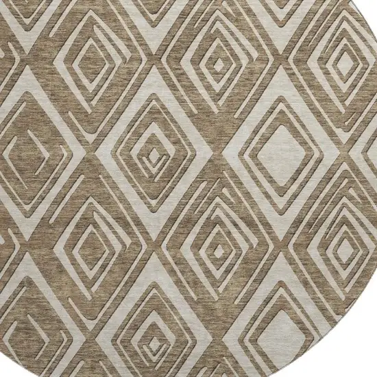 8' Brown And Beige Geometric Washable Round Rug With UV Protection Photo 3