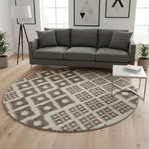 Photo of 8' Brown And Beige Geometric Washable Round Rug With UV Protection