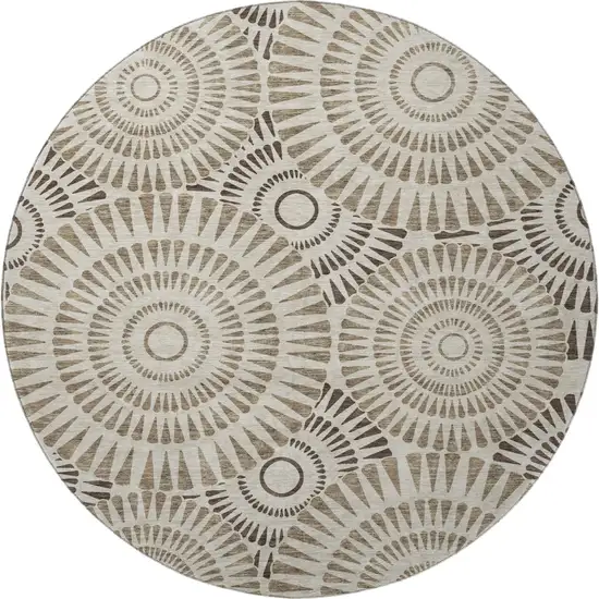 8' Brown And Beige Geometric Washable Round Rug With UV Protection Photo 3