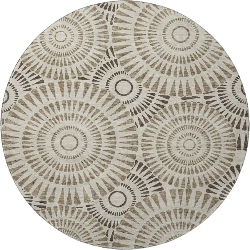 8' Brown And Beige Geometric Washable Round Rug With UV Protection Photo 3