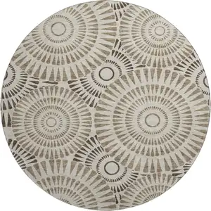 Photo of 8' Brown And Beige Geometric Washable Round Rug With UV Protection