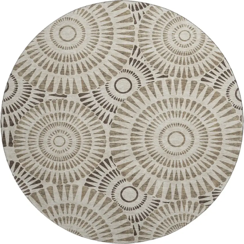8' Brown And Beige Geometric Washable Round Rug With UV Protection Photo 1
