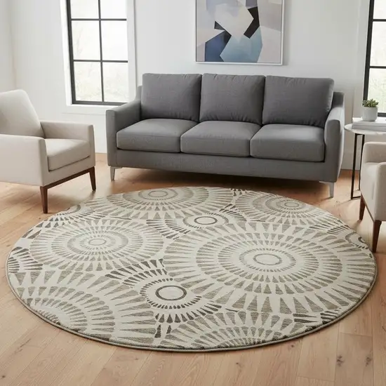 8' Brown And Beige Geometric Washable Round Rug With UV Protection Photo 2