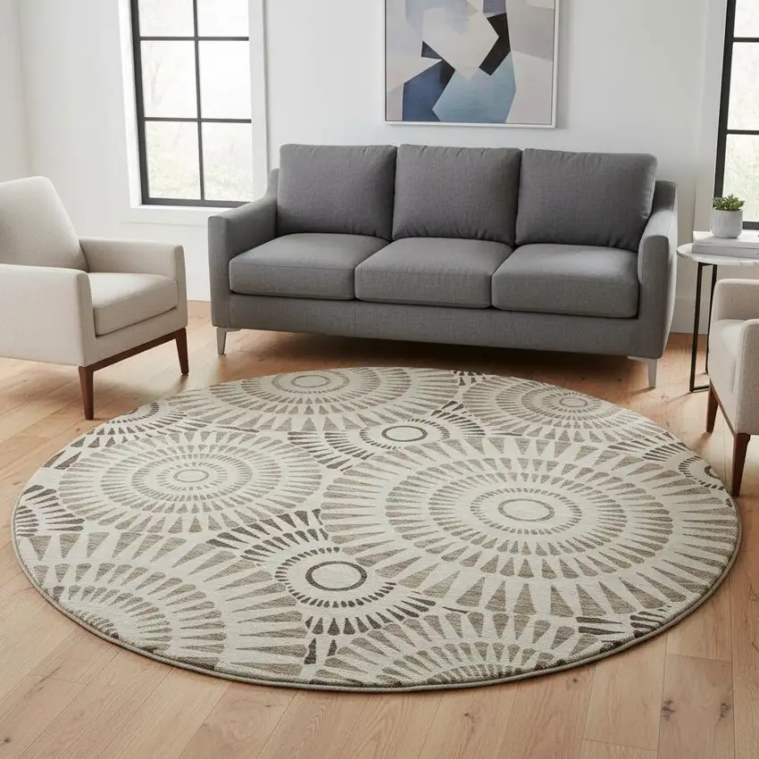 8' Brown And Beige Geometric Washable Round Rug With UV Protection Photo 2