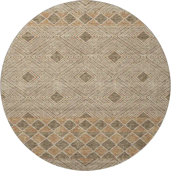 8' Brown And Beige Geometric Washable Round Rug With UV Protection Photo 3
