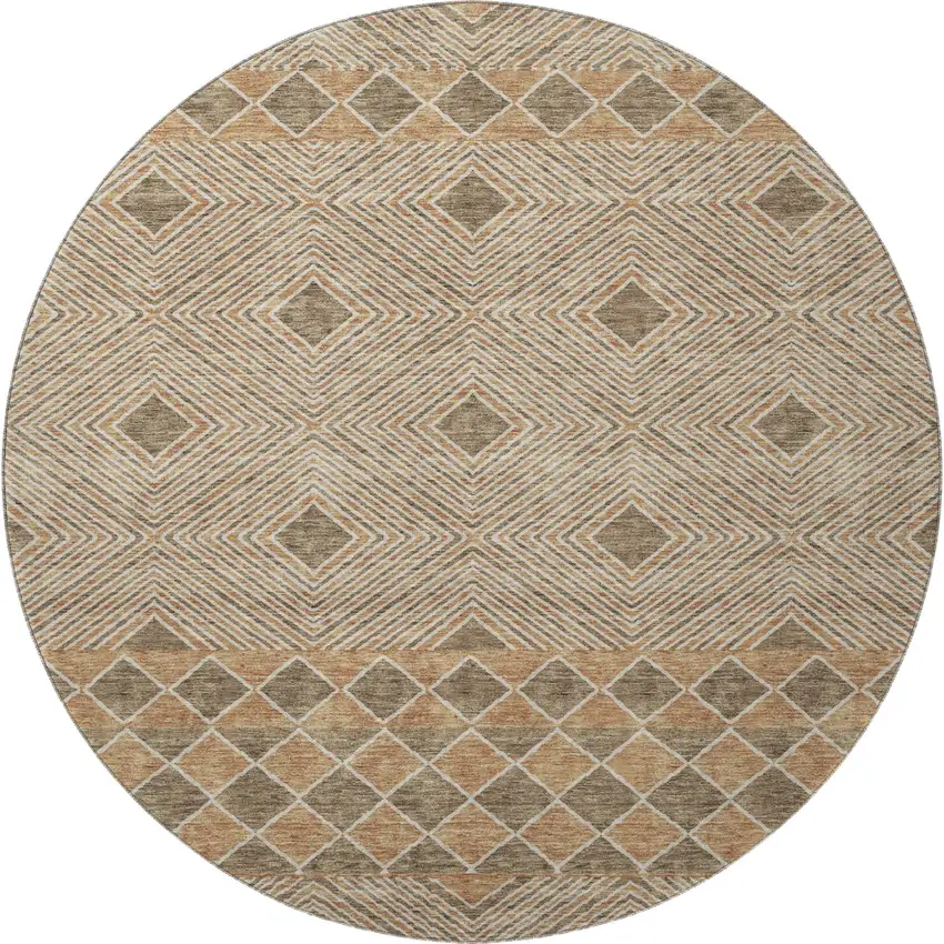 8' Brown And Beige Geometric Washable Round Rug With UV Protection Photo 3