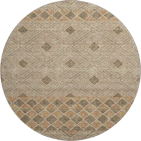 8' Brown And Beige Geometric Washable Round Rug With UV Protection Photo 1