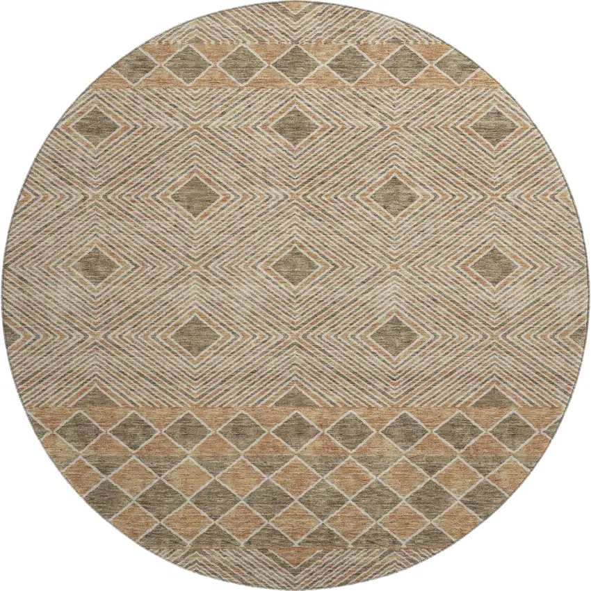 8' Brown And Beige Geometric Washable Round Rug With UV Protection Photo 1