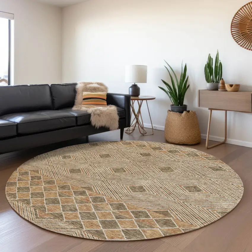 8' Brown And Beige Geometric Washable Round Rug With UV Protection Photo 4
