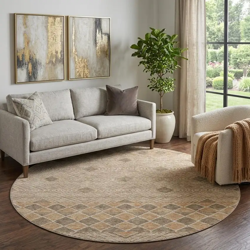 8' Brown And Beige Geometric Washable Round Rug With UV Protection Photo 1