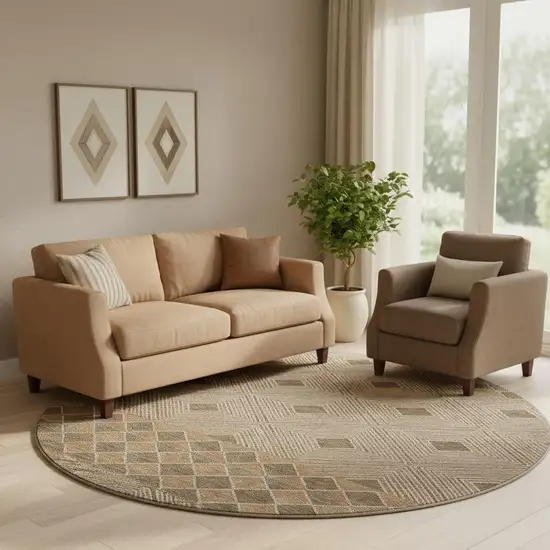 8' Brown And Beige Geometric Washable Round Rug With UV Protection Photo 1