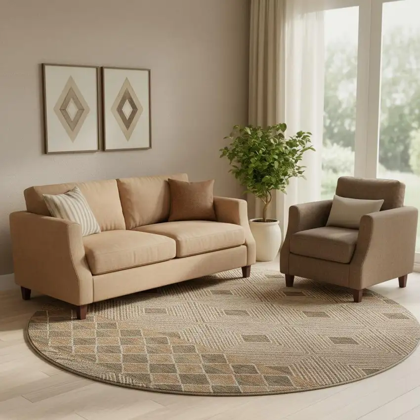 8' Brown And Beige Geometric Washable Round Rug With UV Protection Photo 1