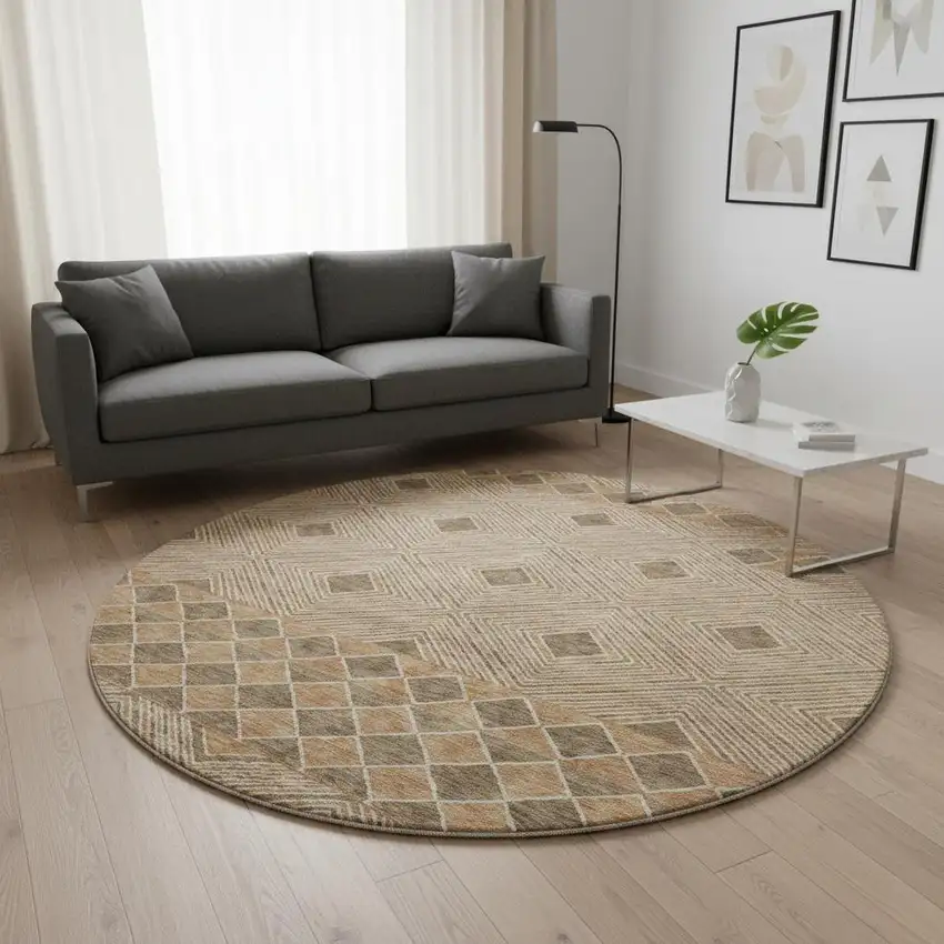 8' Brown And Beige Geometric Washable Round Rug With UV Protection Photo 2