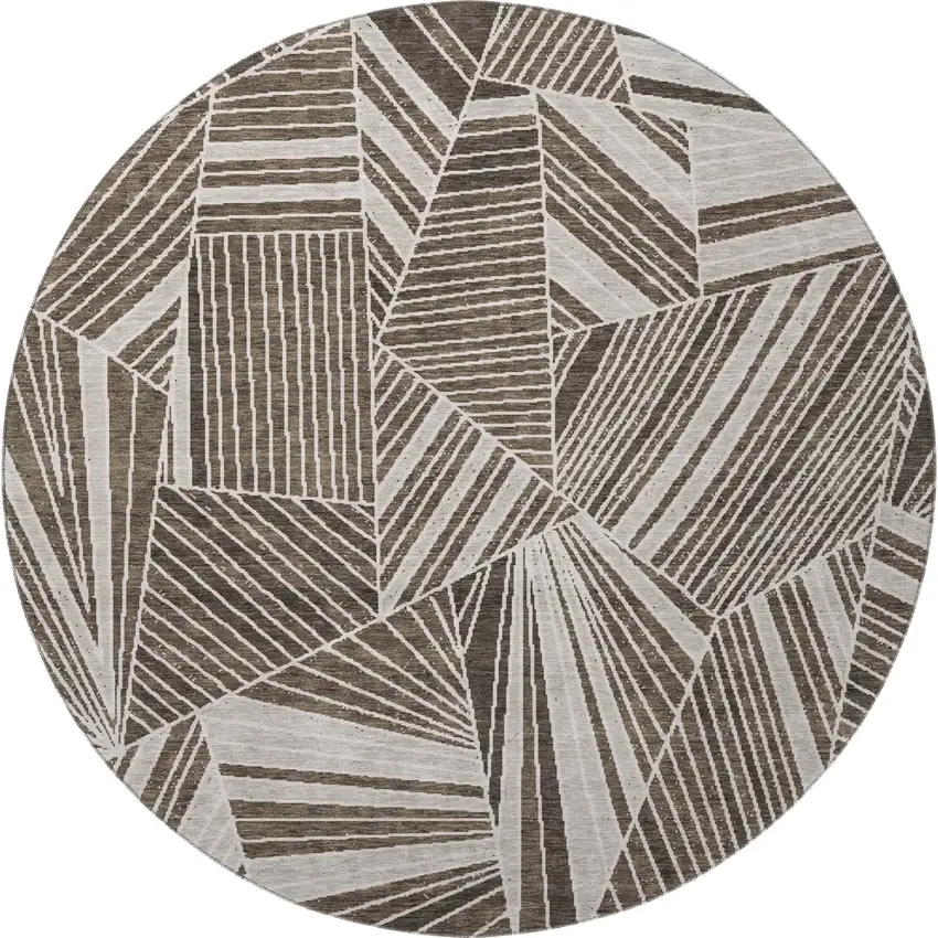 8' Brown And Beige Geometric Washable Round Rug With UV Protection Photo 4