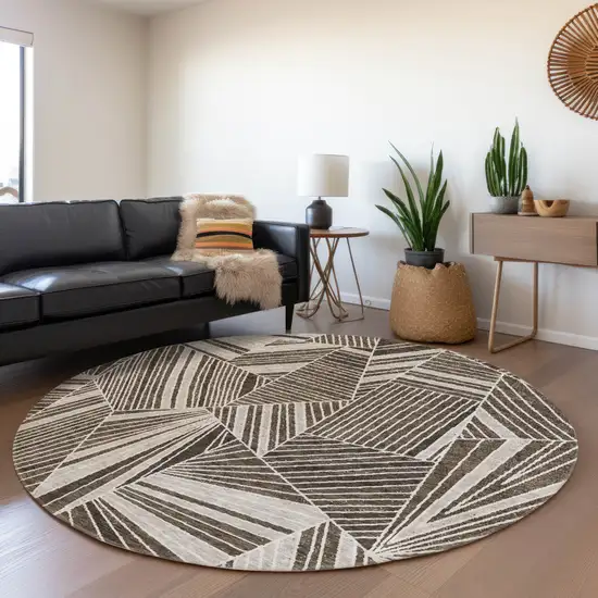 8' Brown And Beige Geometric Washable Round Rug With UV Protection Photo 5