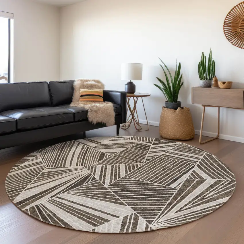 8' Brown And Beige Geometric Washable Round Rug With UV Protection Photo 5