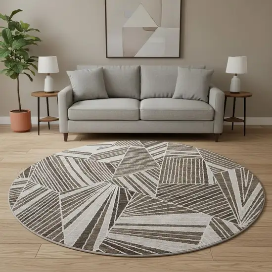 8' Brown And Beige Geometric Washable Round Rug With UV Protection Photo 2
