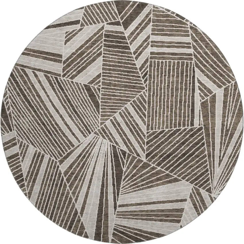 8' Brown And Beige Geometric Washable Round Rug With UV Protection Photo 1