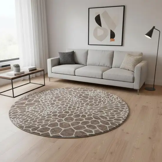 8' Brown And Beige Geometric Washable Round Rug With UV Protection Photo 2
