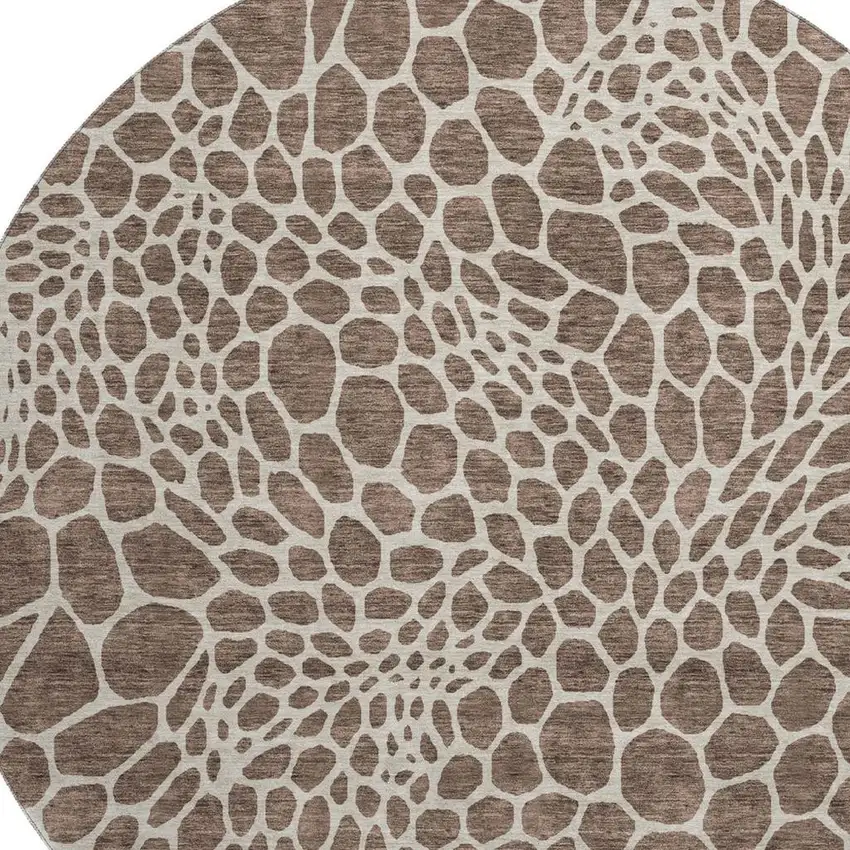 8' Brown And Beige Geometric Washable Round Rug With UV Protection Photo 3