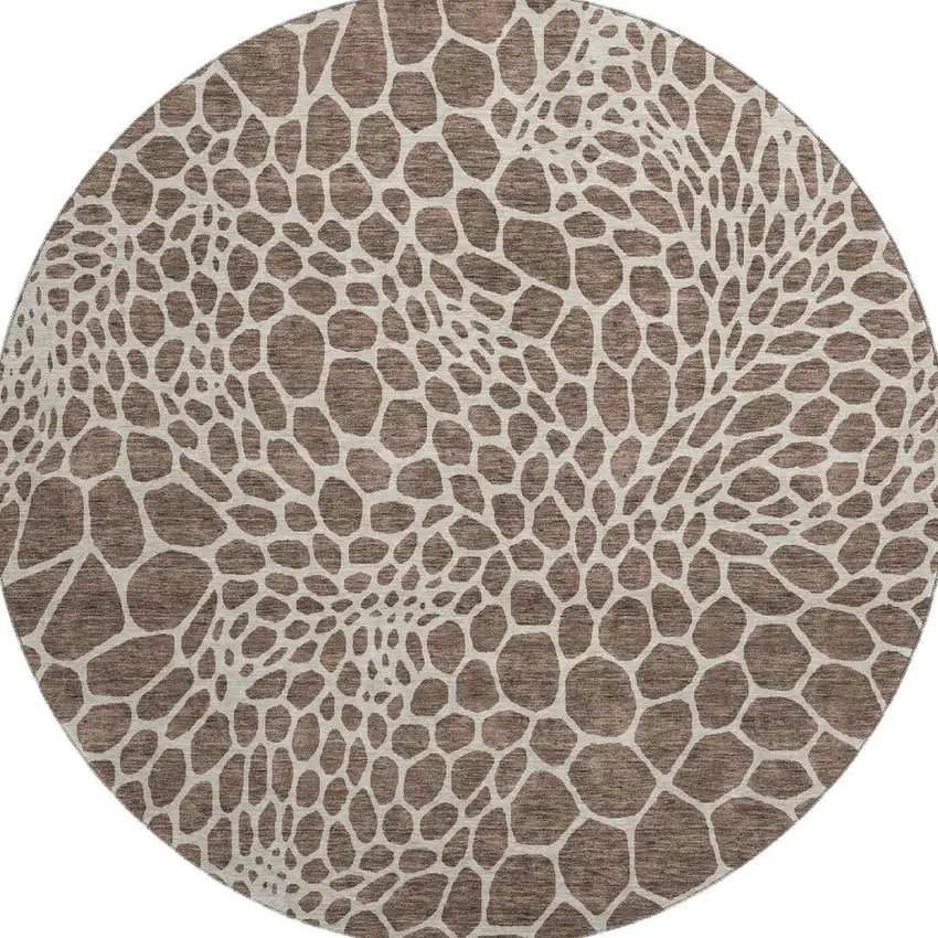 8' Brown And Beige Geometric Washable Round Rug With UV Protection Photo 4
