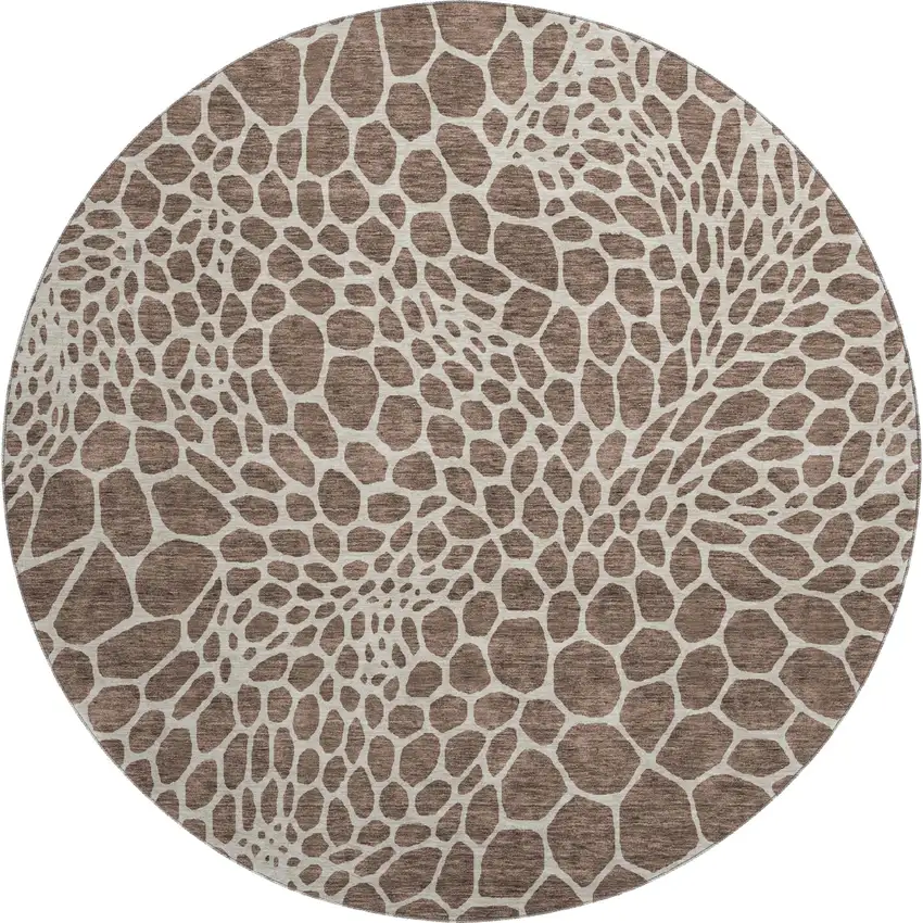 8' Brown And Beige Geometric Washable Round Rug With UV Protection Photo 1