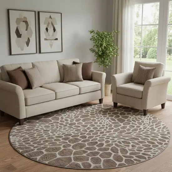8' Brown And Beige Geometric Washable Round Rug With UV Protection Photo 1