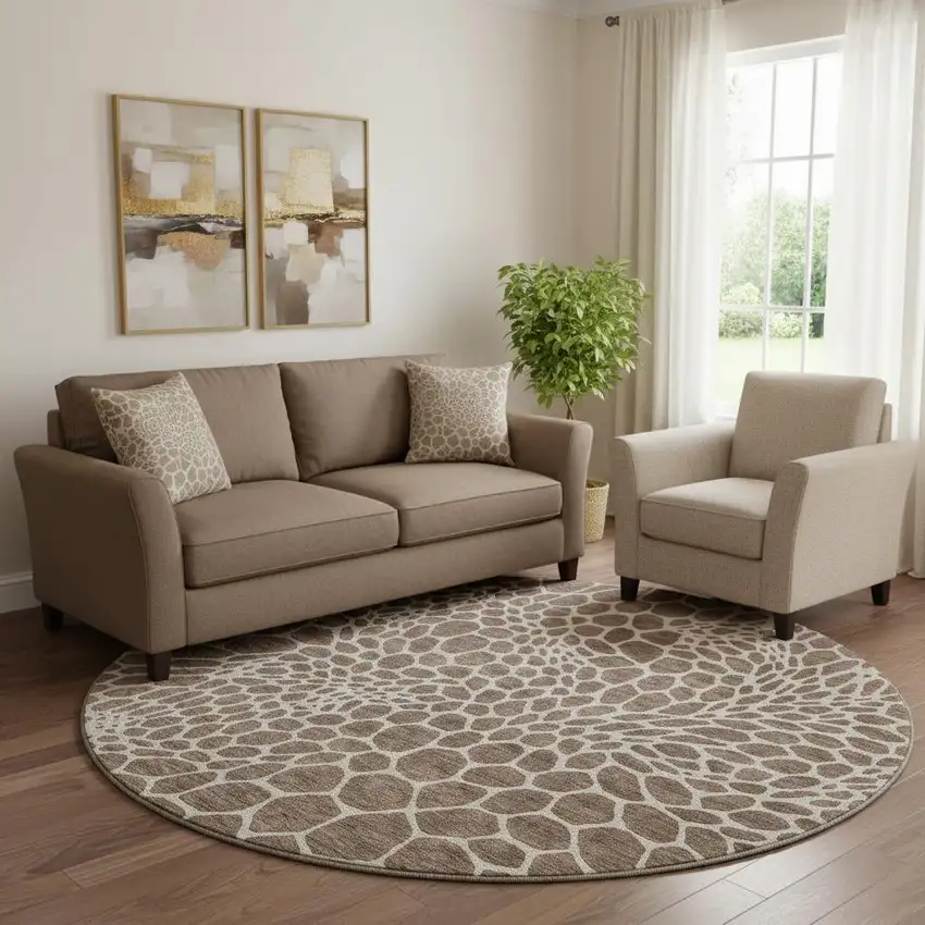 8' Brown And Beige Geometric Washable Round Rug With UV Protection Photo 1