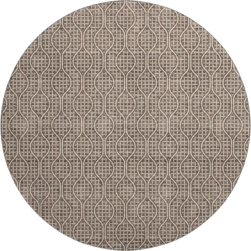 8' Brown And Beige Geometric Washable Round Rug With UV Protection Photo 1