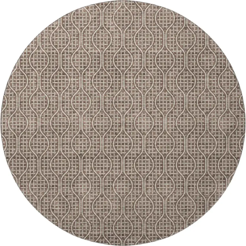 8' Brown And Beige Geometric Washable Round Rug With UV Protection Photo 3