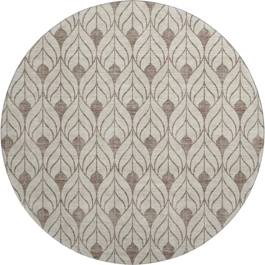 8' Brown And Beige Geometric Washable Round Rug With UV Protection Photo 1