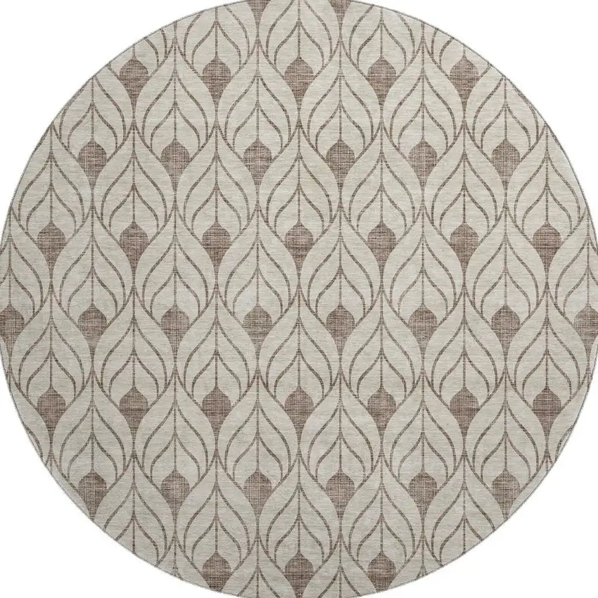 8' Brown And Beige Geometric Washable Round Rug With UV Protection Photo 2