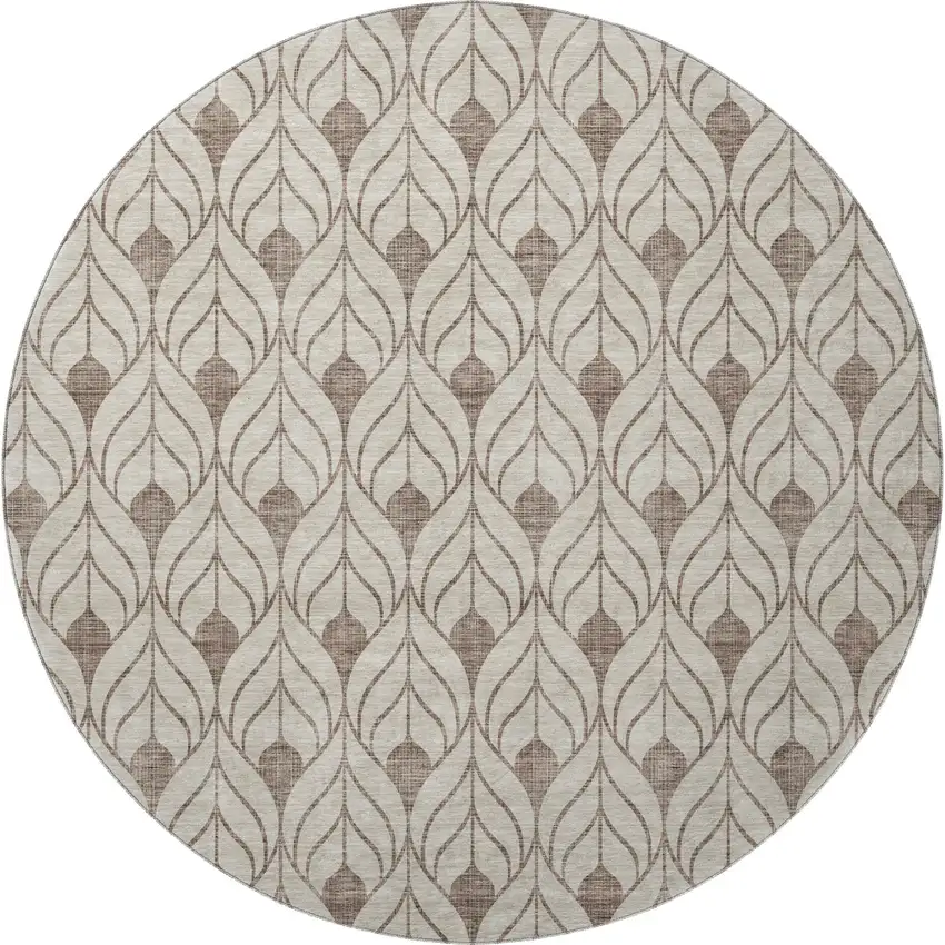 8' Brown And Beige Geometric Washable Round Rug With UV Protection Photo 3