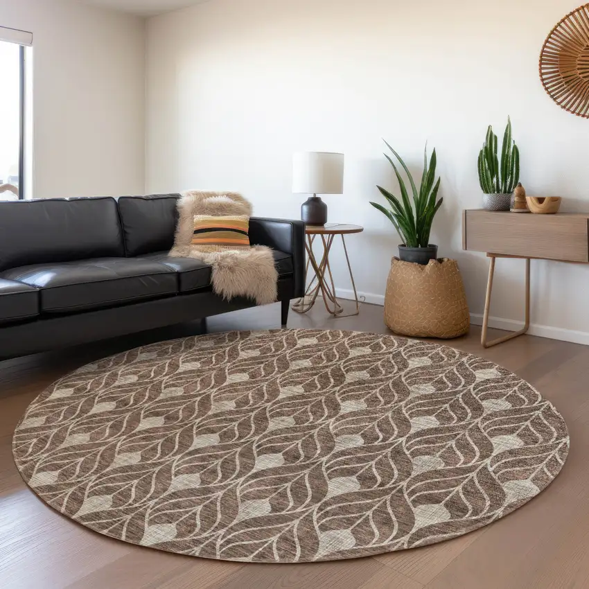 8' Brown And Beige Geometric Washable Round Rug With UV Protection Photo 4