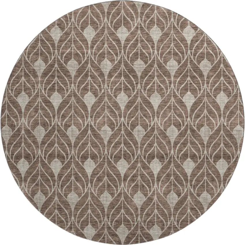 8' Brown And Beige Geometric Washable Round Rug With UV Protection Photo 1