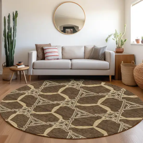 8' Brown And Beige Geometric Washable Round Rug With UV Protection Photo 4