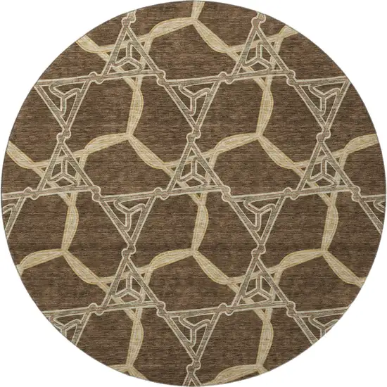 8' Brown And Beige Geometric Washable Round Rug With UV Protection Photo 3