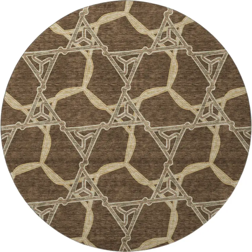 8' Brown And Beige Geometric Washable Round Rug With UV Protection Photo 3