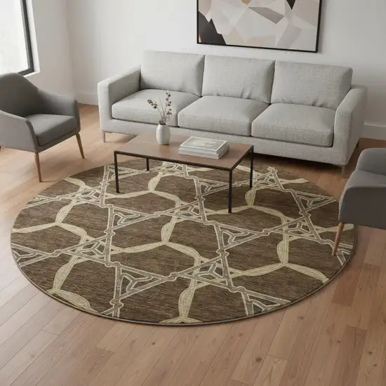 8' Brown And Beige Geometric Washable Round Rug With UV Protection Photo 2