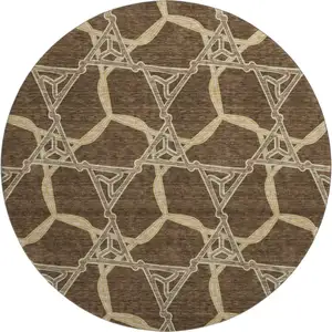 Photo of 8' Brown And Beige Geometric Washable Round Rug With UV Protection