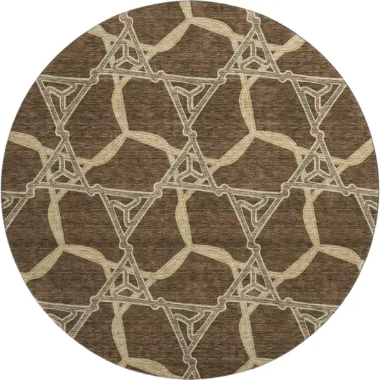 8' Brown And Beige Geometric Washable Round Rug With UV Protection Photo 1