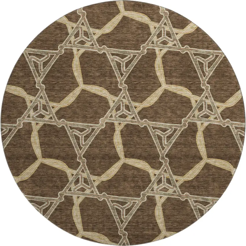 8' Brown And Beige Geometric Washable Round Rug With UV Protection Photo 1