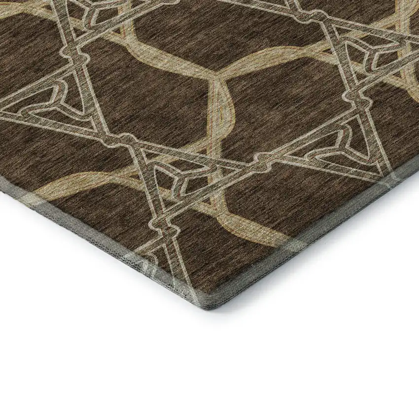 8' Brown And Beige Geometric Washable Round Rug With UV Protection Photo 6