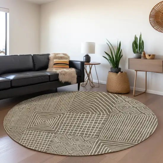 8' Brown And Beige Geometric Washable Round Rug With UV Protection Photo 4